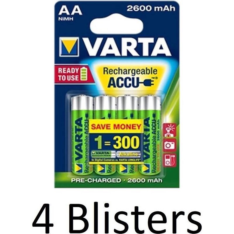 Foto van 16 stuks (4 blisters a 4 st) varta aa oplaadbare batterijen - 2600mah