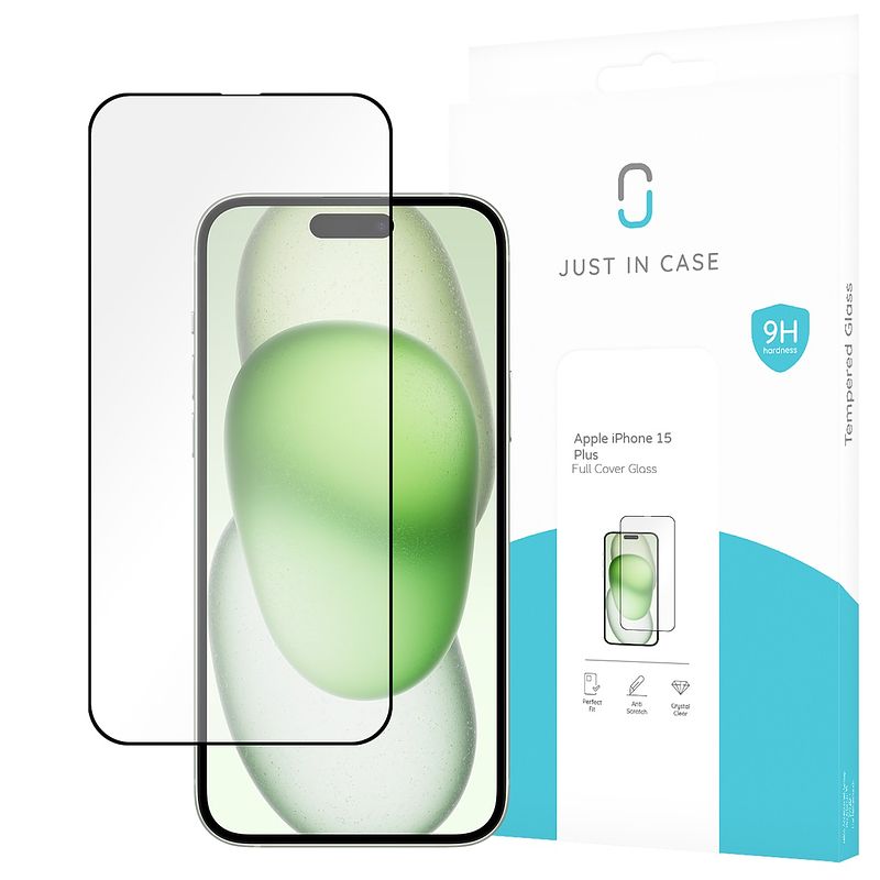 Foto van Just in case full cover tempered glass voor apple iphone 15 plus smartphone screenprotector