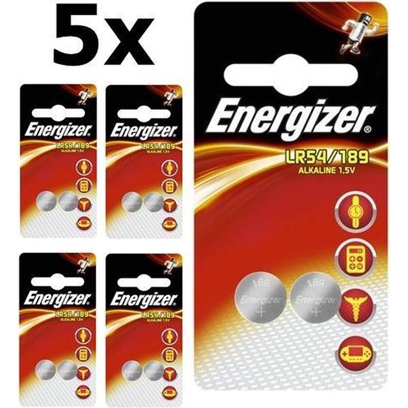 Foto van 10 stuks (5 blister a 2st) energizer g10 / lr54 / 189 / ag10 1.5v alkaline knoopcel batterij