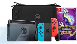 Foto van Nintendo switch rood/blauw + pokémon violet + screenprotector + beschermhoes