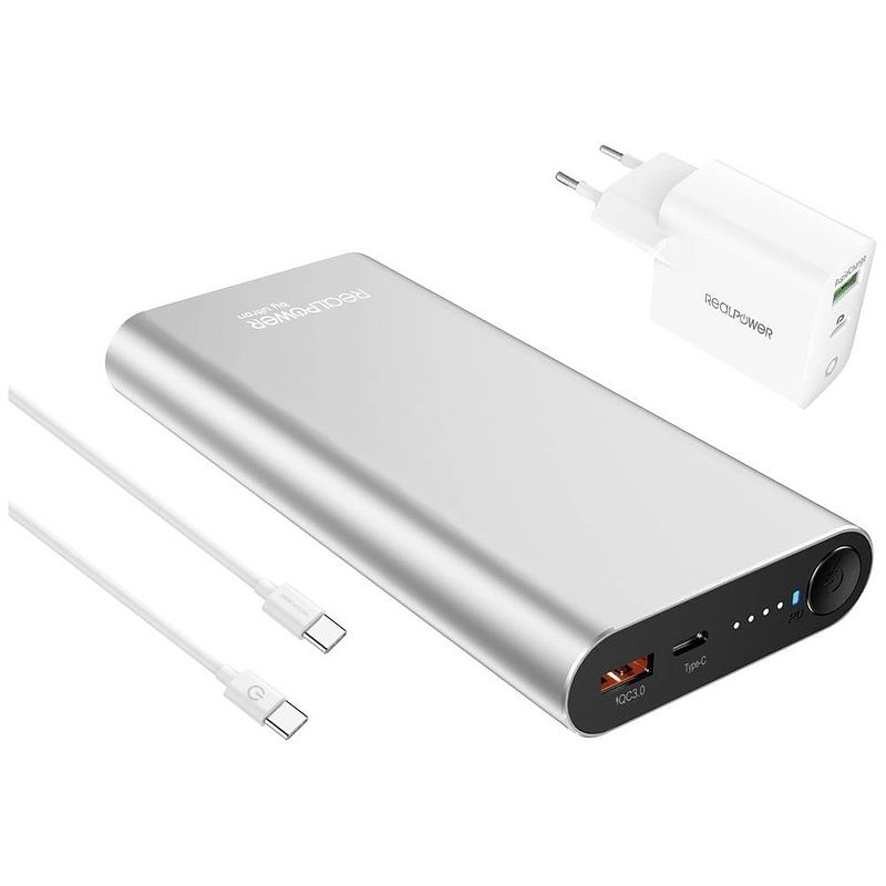 Foto van Realpower pb-20000 pd pro powerpack powerbank 20000 mah li-ion usb-c®, usb 3.0 zilver