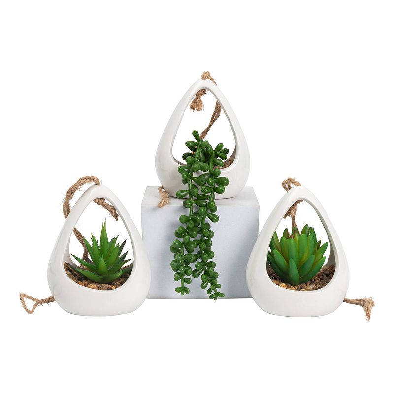 Foto van Greendream® kunstplanten - 3 stuks hangplanten in hanger - kunstplant - cadeautip - wit