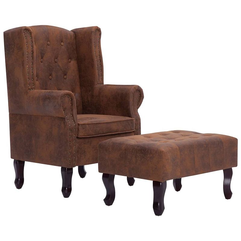 Foto van The living store chesterfield armstoel - bruin kunstsuède - 78x67x108 cm - inclusief voetenbank - eenvoudig te monteren