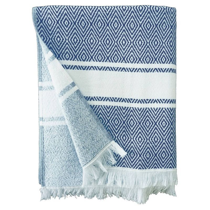 Foto van Badlaken chevron met hammam print blauw/wit voor volwassenen 90 x 160 - strandlakens