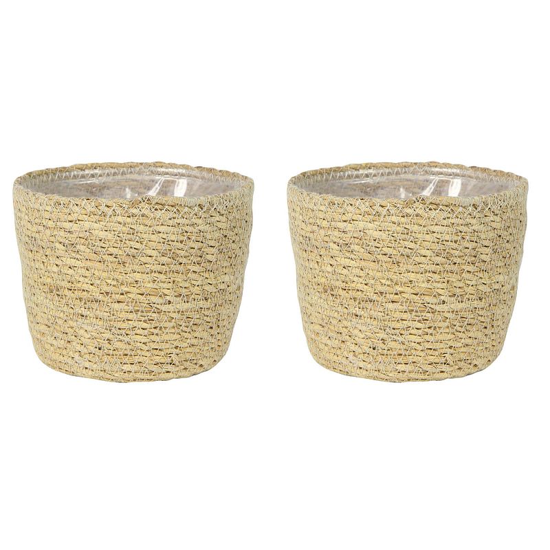 Foto van Set van 2x stuks plantenpot/bloempot van jute/zeegras diameter 15 cm en hoogte 12 cm creme beige - plantenpotten