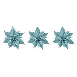 Foto van 3x stuks decoratie bloemen kerstster ijsblauw glitter op clip 18 cm - kersthangers