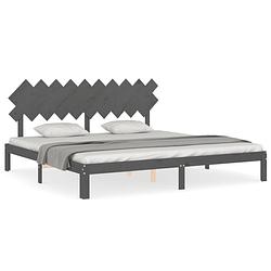 Foto van The living store bedframe - massief grenenhout - multiplex lattenbodem - 203.5 x 203.5 x 80.5 cm - grijs