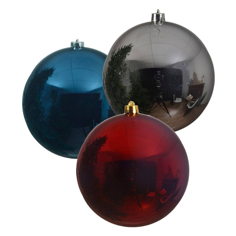 Foto van 3x stuks grote kerstballen van 20 cm glans van kunststof zilver blauw en rood - kerstbal