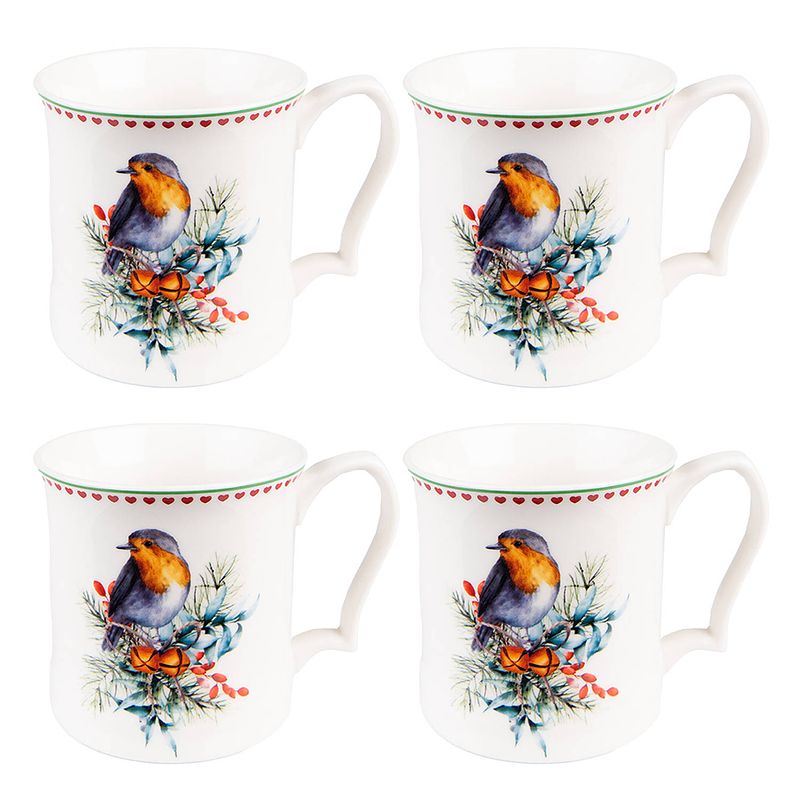 Foto van Haes deco - mokken set van 4 - 13x9x9 cm / 414 ml - met vogeltje - mok