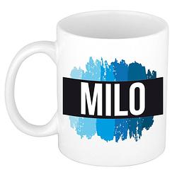 Foto van Naam cadeau mok / beker milo met blauwe verfstrepen 300 ml - naam mokken