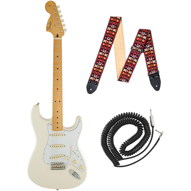 Foto van Fender jimi hendrix stratocaster olympic white mn + gigbag + gitaarband + instrumentkabel