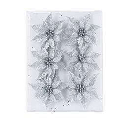 Foto van 6x stuks decoratie bloemen rozen zilver glitter op ijzerdraad 8 cm - kersthangers
