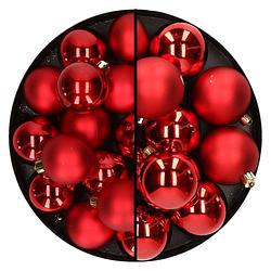 Foto van 28x stuks kunststof kerstballen rood 4 en 6 cm - kerstbal