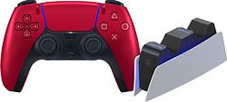 Foto van Sony playstation 5 dualsense draadloze controller volcanic red + bluebuilt oplaadstation