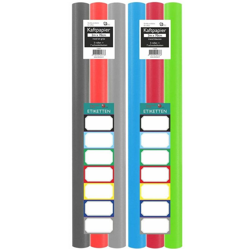 Foto van Assortiment kaftpapier voor schoolboeken - lime groen, turquoise, lichtgrijs, donkergrijs, rood - 200 x 70 cm - 6 rollen