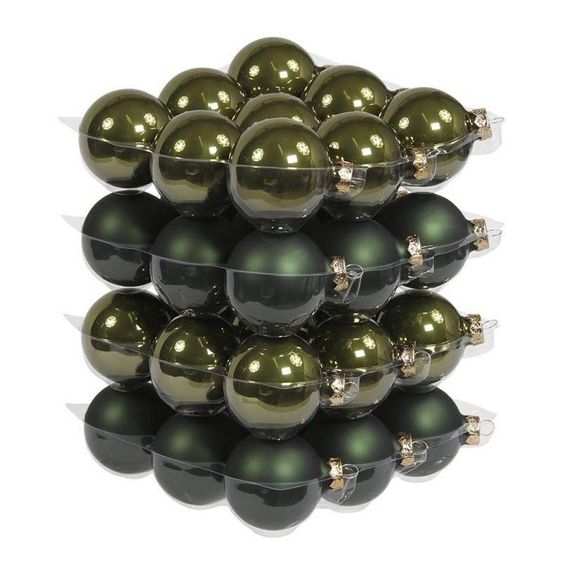 Foto van 36x donker olijf groene glazen kerstballen 6 cm - mat/glans - kerstboomversiering donker olijf mat en glanzend