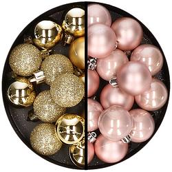 Foto van 36x stuks kunststof kerstballen goud en lichtroze 3 en 4 cm - kerstbal