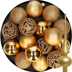 Foto van 16x stuks kunststof kerstballen 6 cm incl. glazen piek mat goud - kerstbal