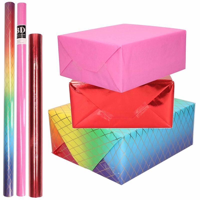 Foto van 6x rollen kraft inpakpapier regenboog pakket - regenboog/metallic rood/roze 200 x 70/50 cm - cadeaupapier