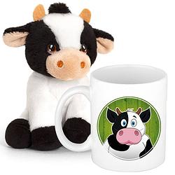 Foto van Cadeauset kind - koeien knuffel 12 cm en drinkbeker/mok koe 300 ml - knuffel boederijdieren