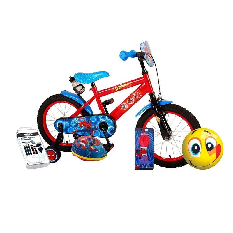 Foto van Volare kinderfiets spider-man - 14 inch - twee handremmen - met fietshelm en accessoires