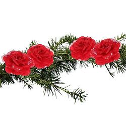 Foto van 4x stuks decoratie bloemen rozen rood op clip 9 cm - kersthangers