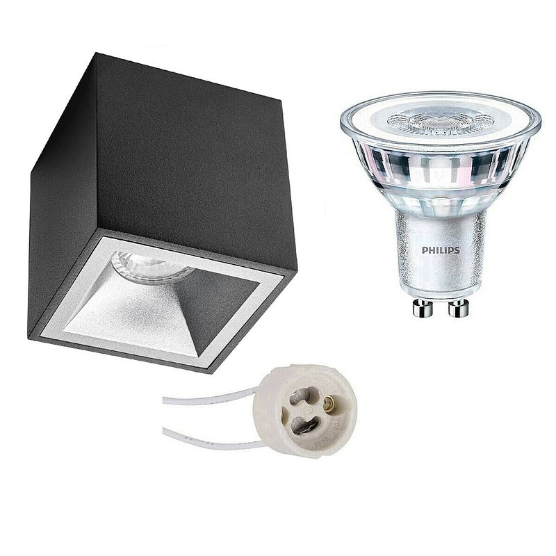 Foto van Opbouwspot set - pragmi cliron pro - gu10 fitting - opbouw vierkant - mat zwart/zilver - verdiept - 90mm - philips -