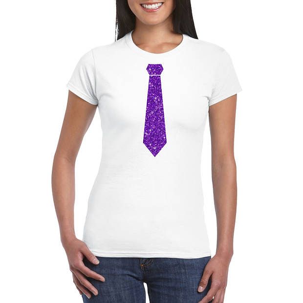 Foto van Toppers wit fun t-shirt stropdas met paarse glitters dames xs - feestshirts