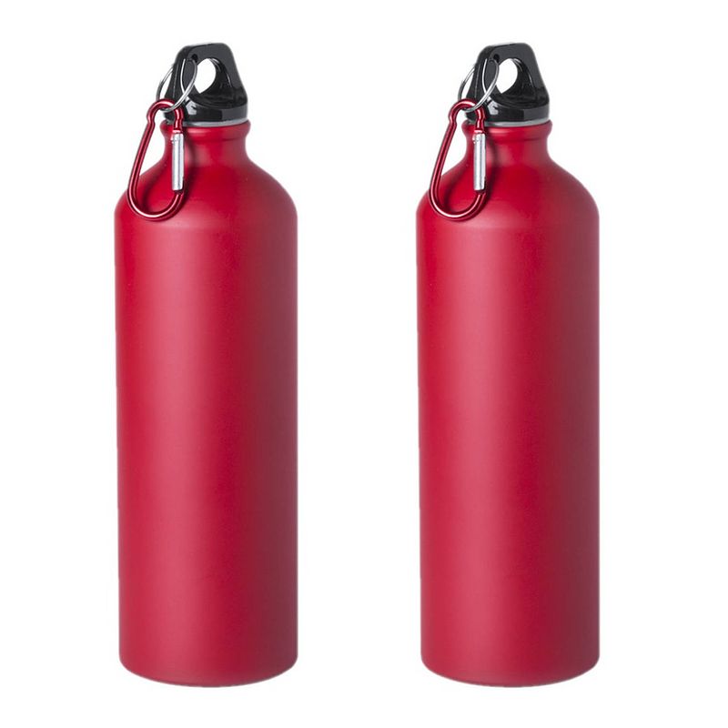 Foto van 2x stuks aluminium waterfles/drinkfles rood met schroefdop en karabijnhaak 800 ml - drinkflessen