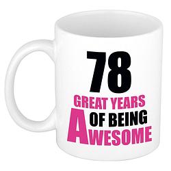 Foto van 78 great years of being awesome cadeau mok / beker wit en roze - feest mokken