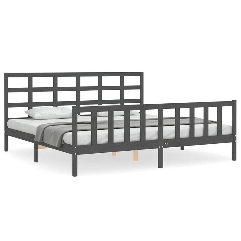 Foto van The living store bedframe massief grenenhout - grijs - 205.5 x 205.5 x 100 cm - multiplex lattenbodem - functioneel