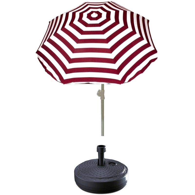 Foto van Rood gestreepte strand/tuin basic parasol van nylon 180 cm + parasolvoet antraciet - parasols