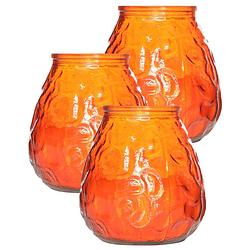 Foto van Set van 3x stuks oranje lowboy buiten tafel sfeer kaarsen 10 cm 40 branduren in glas - waxinelichtjes