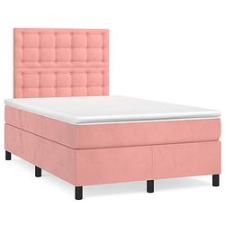 Foto van The living store roze fluweel boxspringbed - 203 x 120 x 118/128 cm - pocketvering matras - middelharde ondersteuning -