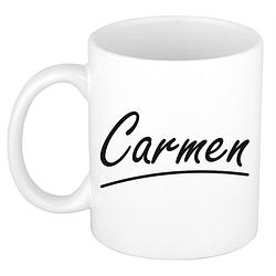 Foto van Naam cadeau mok / beker carmen met sierlijke letters 300 ml - naam mokken