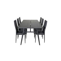 Foto van Sleek eethoek eetkamertafel uitschuifbare tafel lengte cm 195 / 280 zwart en 6 slim high back eetkamerstal pu kunstleer