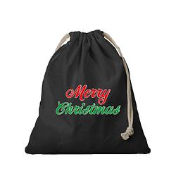 Foto van 1x kerst cadeauzak zwart merry christmas met koord voor als cadeauverpakking - cadeauverpakking kerst