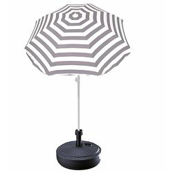 Foto van Grijs gestreepte strand/tuin basic parasol van nylon 180 cm + parasolvoet antraciet - parasols