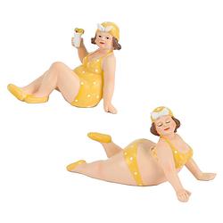 Foto van Woonkamer decoratie beeldjes set van 2 dikke dames - geel badpak - 17 cm - beeldjes