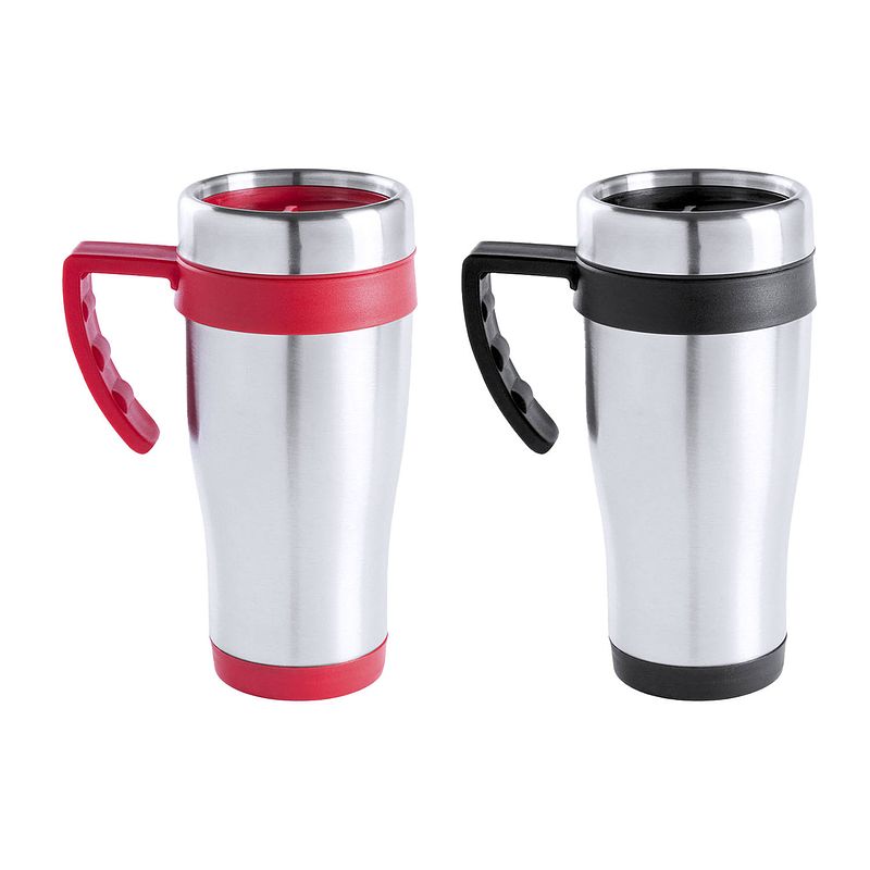 Foto van Warmhoudbekers/thermos isoleer koffiebekers/mokken - 2x stuks - rvs - zwart en rood - 450 ml - thermosbeker