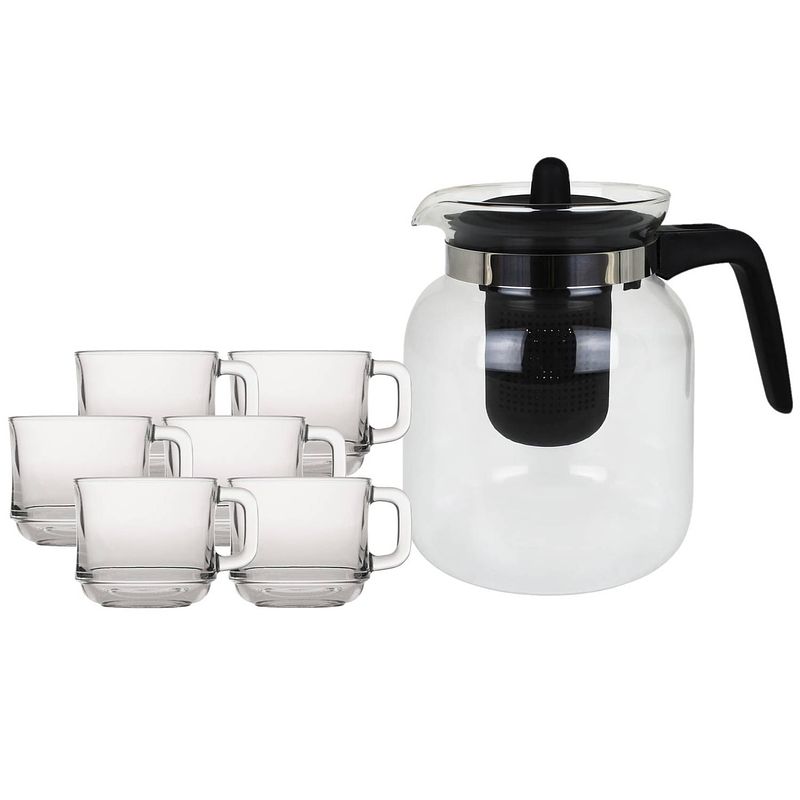 Foto van Glazen theepot met filter/infuser van 1,5 liter met 6x stuks theeglazen van 220 ml - theepotten