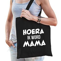 Foto van Hoera ik word mama cadeau katoenen tas zwart voor dames - cadeau aanstaande mama - feest boodschappentassen