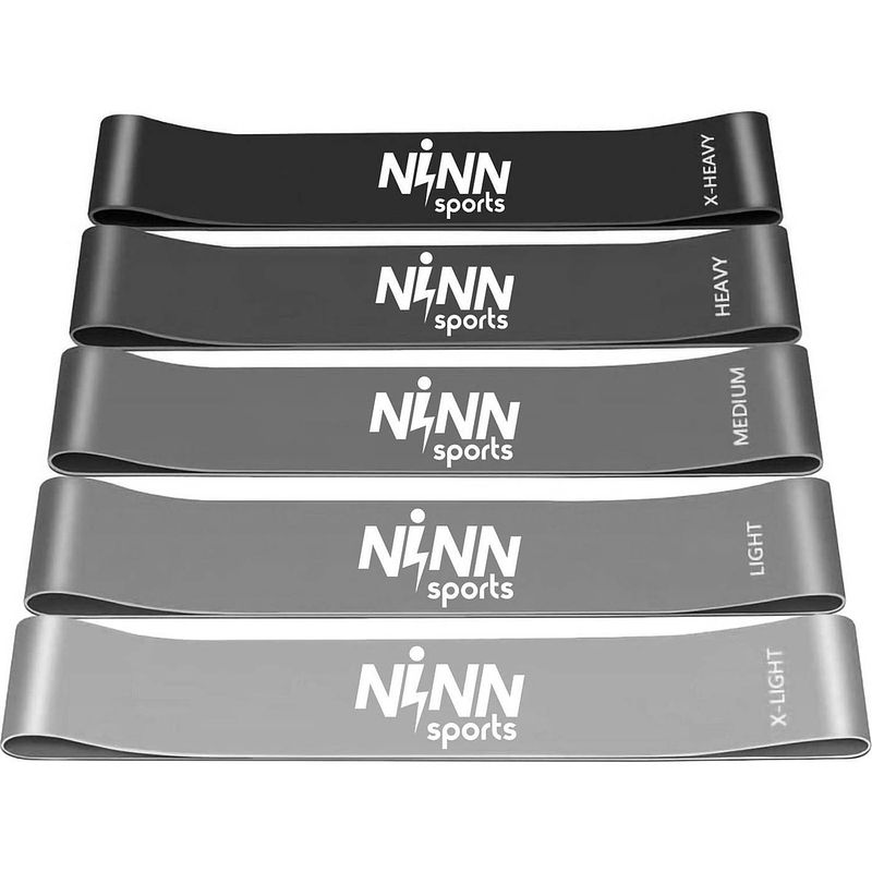 Foto van Ninn sports - premium weerstandsbanden grijs - set van 5 resistance banden - fitness elastiek - inclusief ebook