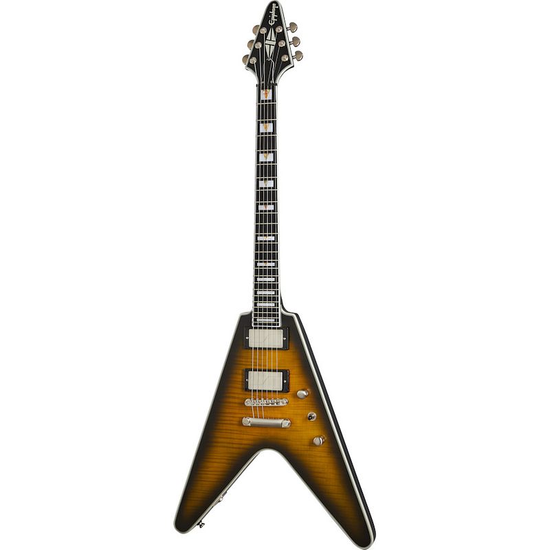 Foto van Epiphone flying v prophecy yellow tiger aged gloss elektrische gitaar