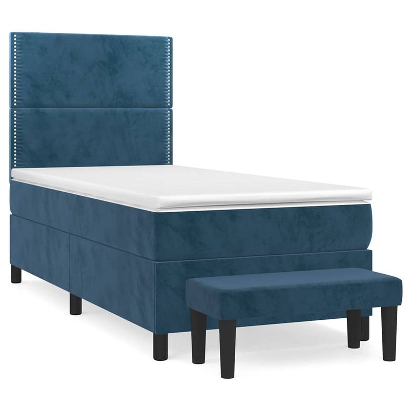 Foto van The living store boxspring bed - donkerblauw - 193 x 90 x 118/128 cm - fluweel - verstelbaar hoofdbord - pocketvering