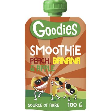 Foto van Goodies knijpfruit smoothie perzik, banaan & appel 100g aanbieding bij jumbo | 2 + 1 gratis