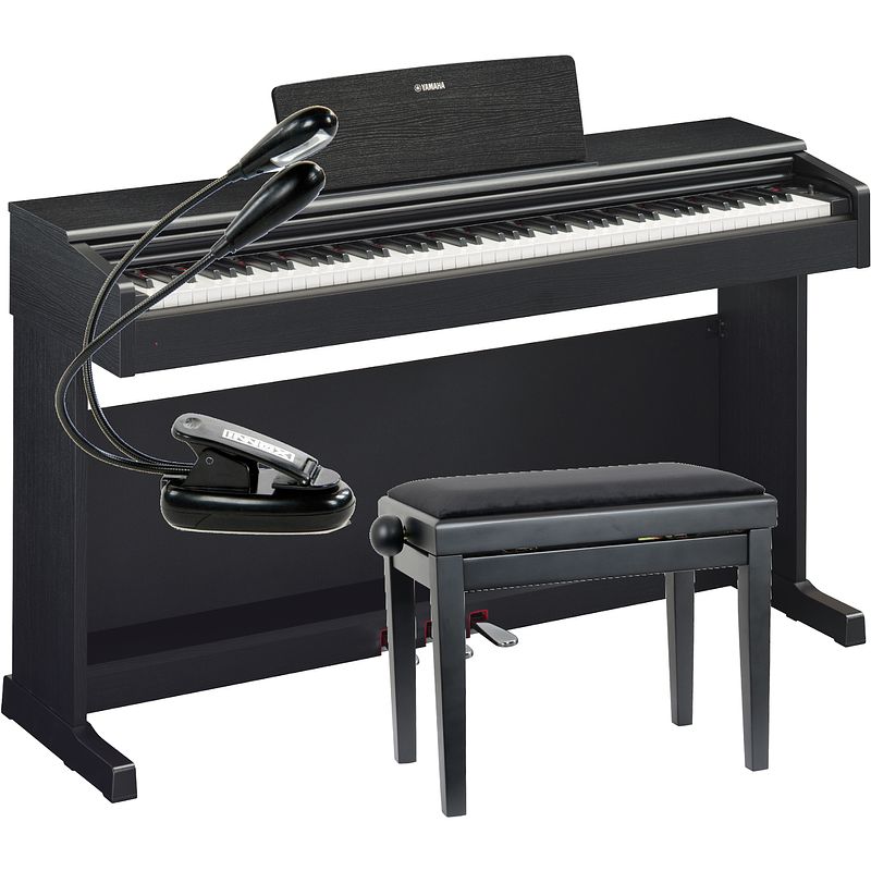 Foto van Yamaha arius ydp-145b staande digitale piano + pianobank + lessenaar lamp