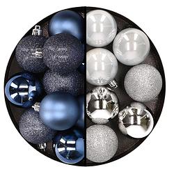 Foto van 24x stuks kunststof kerstballen mix van donkerblauw en zilver 6 cm - kerstbal