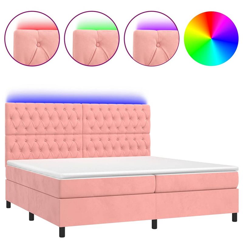 Foto van The living store boxspring roze fluweel - bed 203x200x118/128 cm - led - pocketvering matras - topmatras