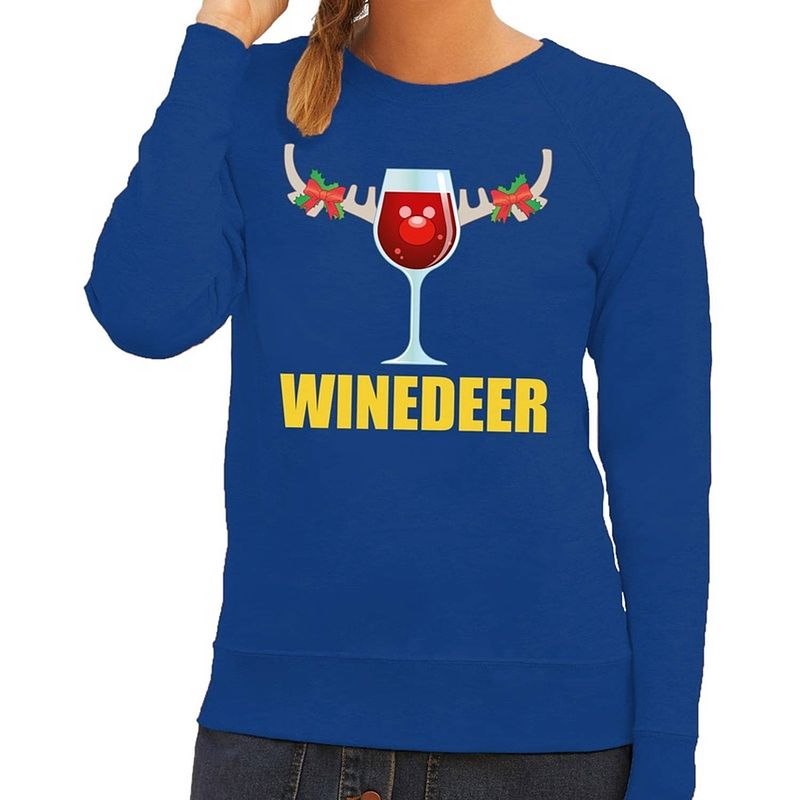 Foto van Foute kersttrui / sweater wijntje winedeer blauw voor dames - kersttruien s (36)